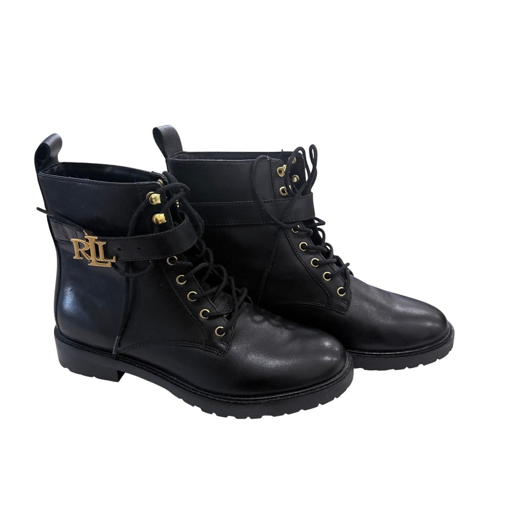 Lauren Ralph Lauren Black Leather Logo Combat Boots Gold Hardware sz 7